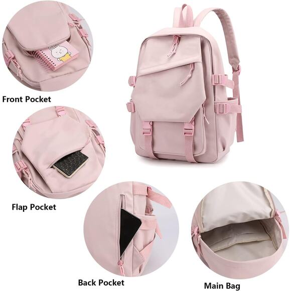 Aesthetic Pink Nylon Backpack with Buckle Straps & Side Pockets Teen, Adult, Kid - Picture 4 of 5